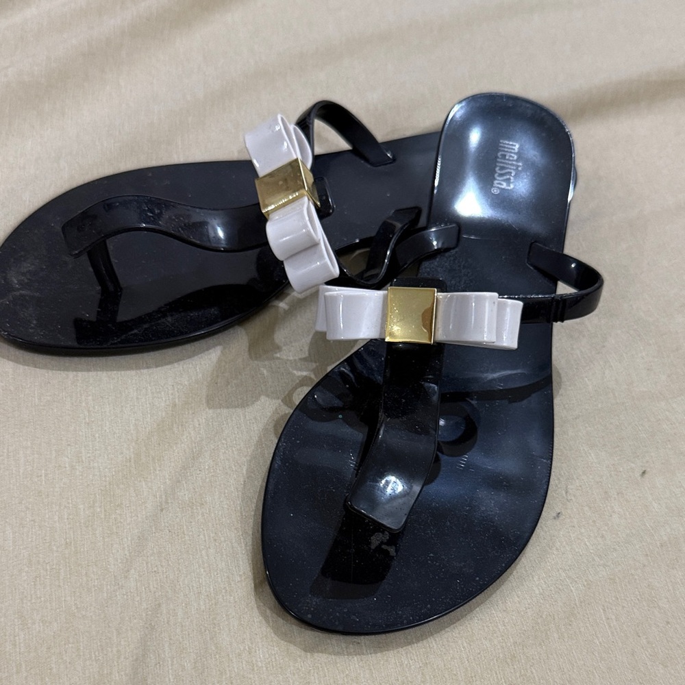 Melissa Black and White Sandals with Gold Accent